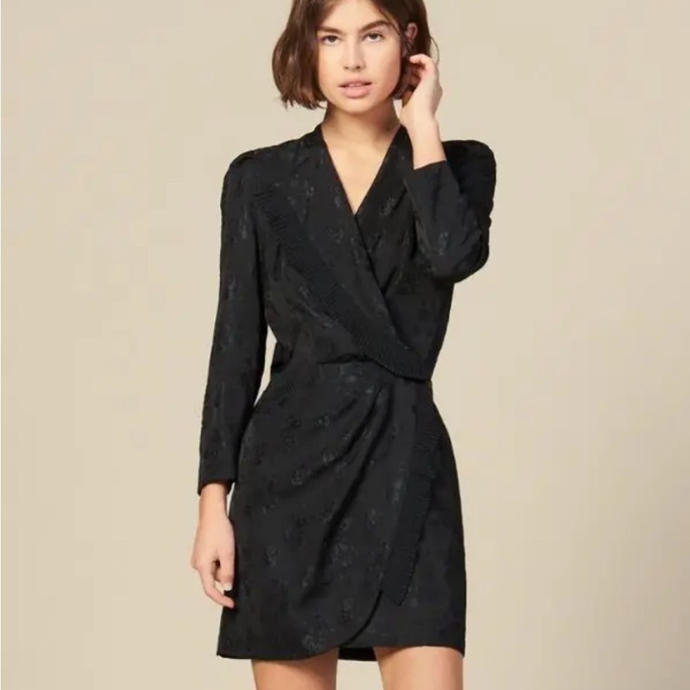 Sandro Walls Wrap-Effect Pleated Floral-Jacquard Mini Dress